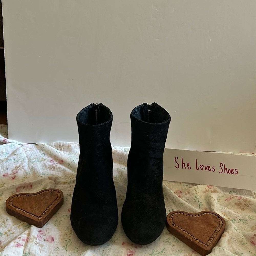 Steve Madden black suede ankle boot.